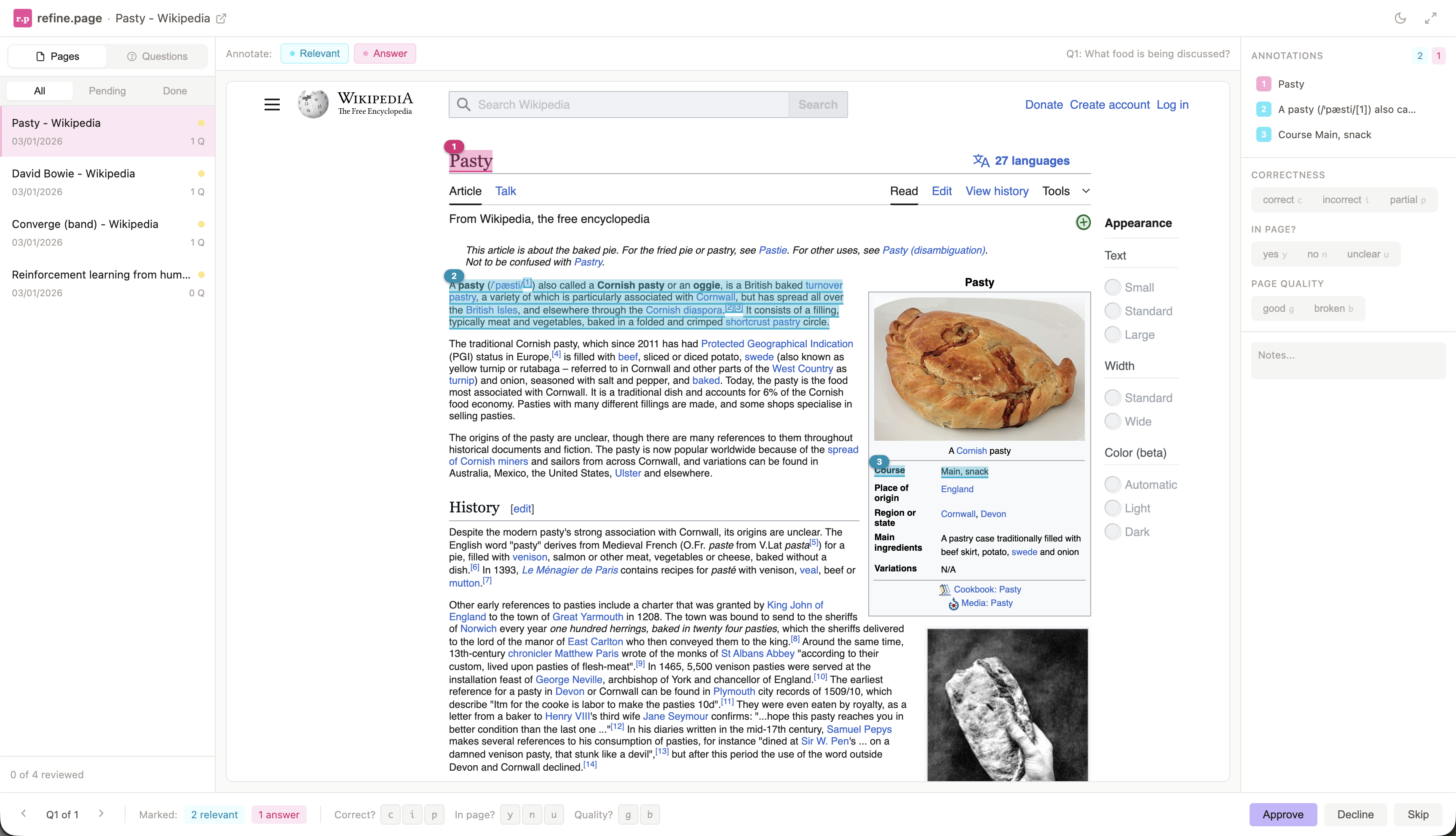 refine.page extension showing annotation interface